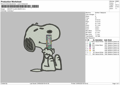 Snoopy Grape Embroidery Machine Design File 6 sizes