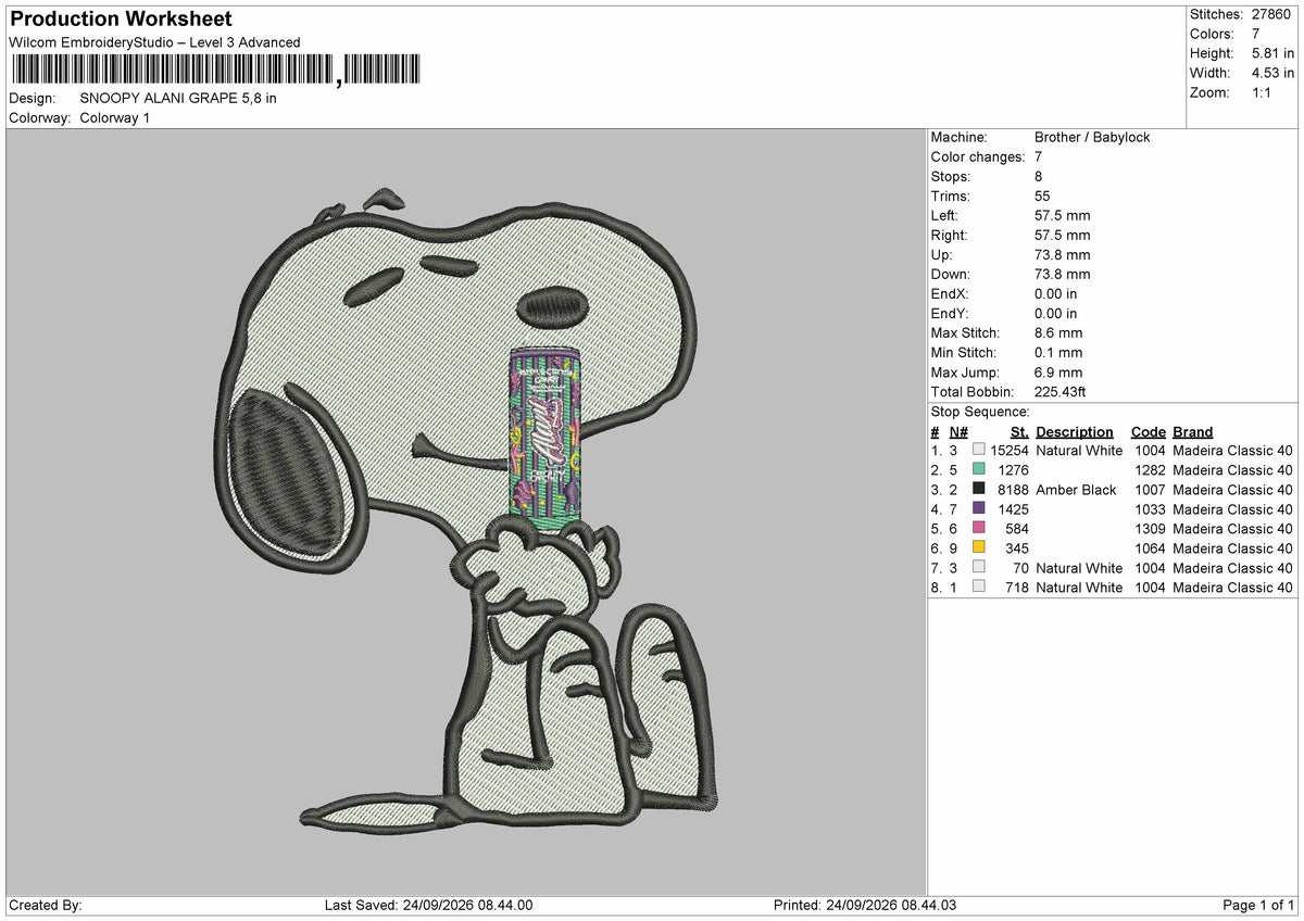 Snoopy Grape Embroidery Machine Design File 6 sizes