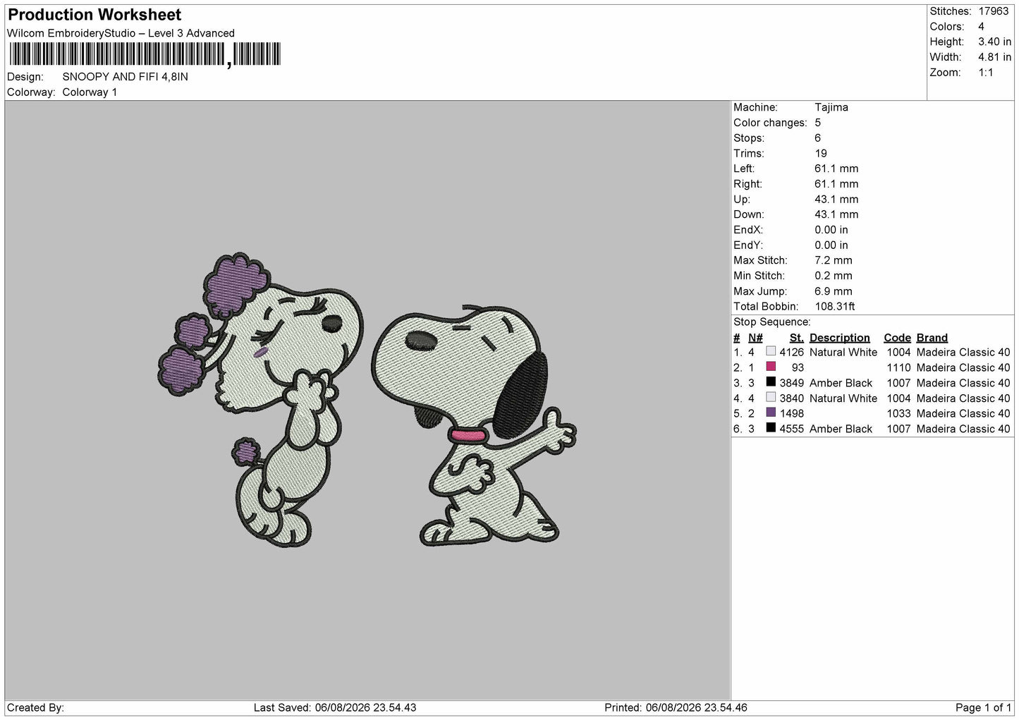 Snoopy 0608 Embroidery Machine Design File 6 sizes