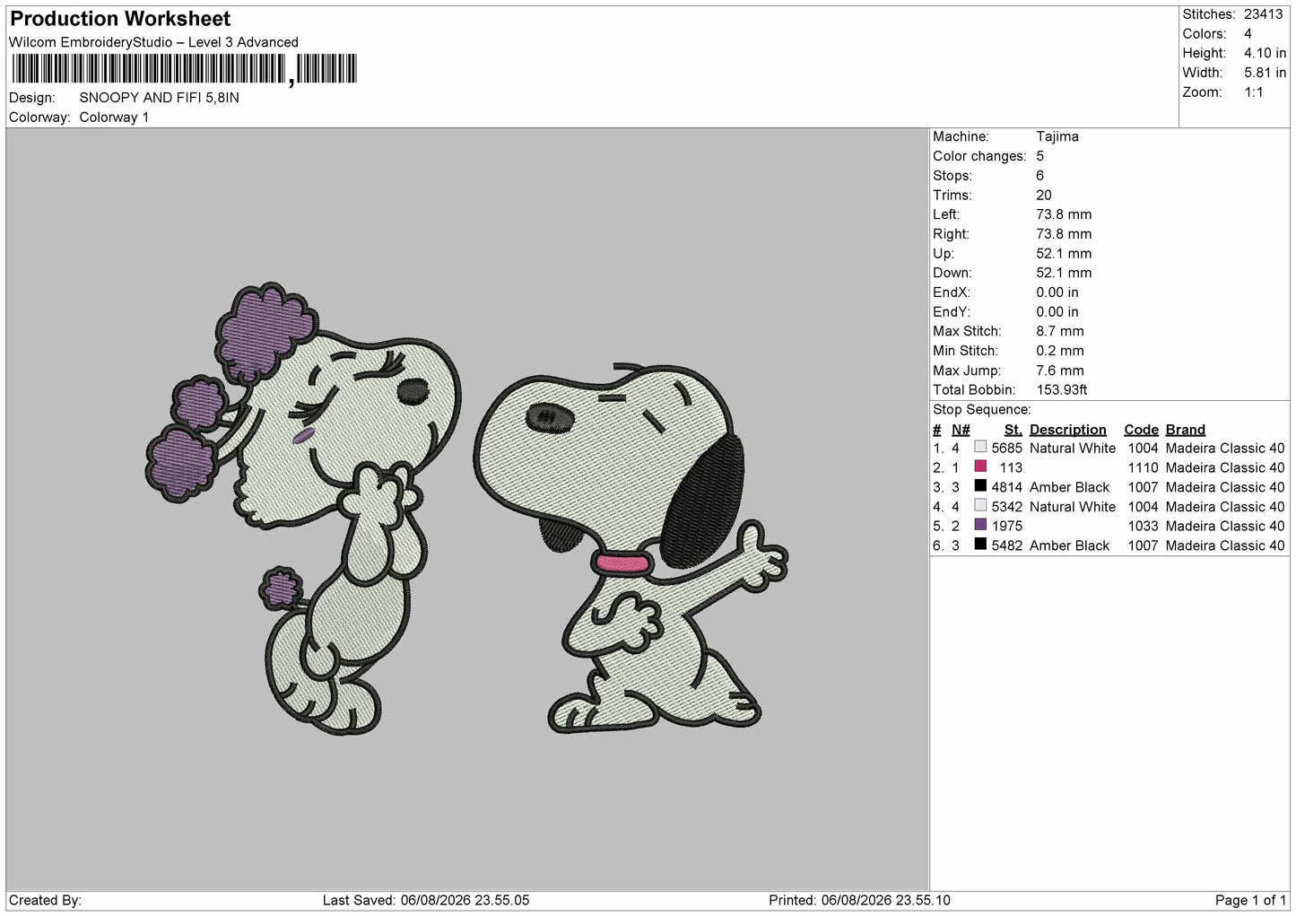 Snoopy 0608 Embroidery Machine Design File 6 sizes
