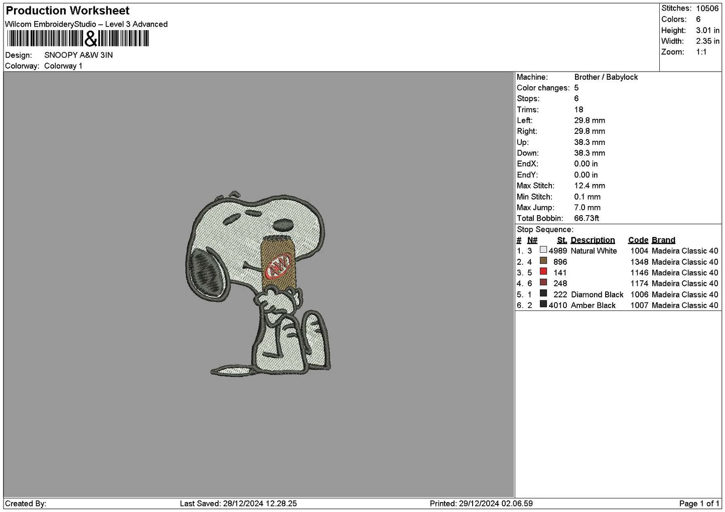 Snoopy Anw Embroidery File 6 sizes