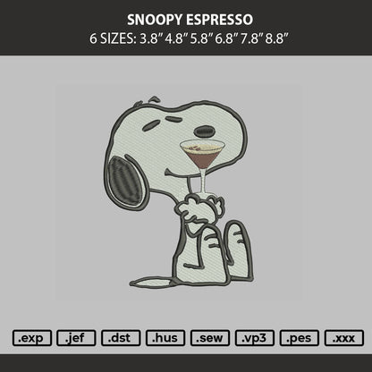 Snoopy Espresso Embroidery Machine Design File 6 sizes