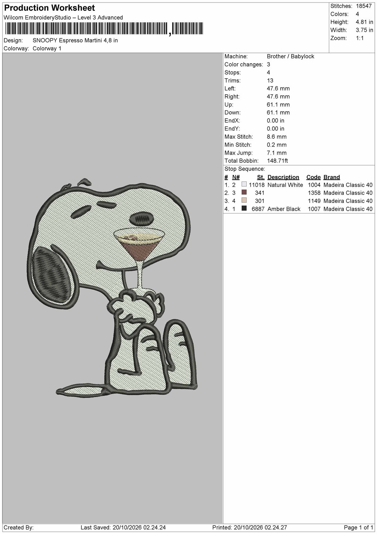 Snoopy Espresso Embroidery Machine Design File 6 sizes