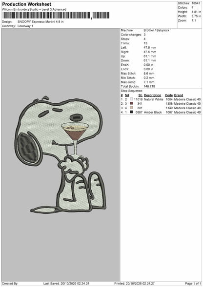 Snoopy Espresso Embroidery Machine Design File 6 sizes