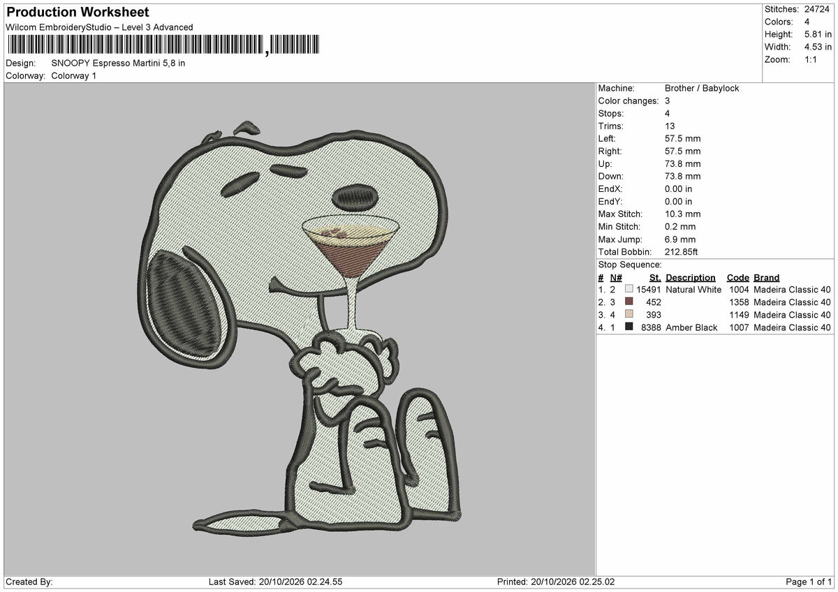 Snoopy Espresso Embroidery Machine Design File 6 sizes