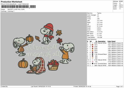 Snoopy Love Fall Embroidery Machine Design File 6 sizes