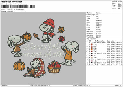 Snoopy Love Fall Embroidery Machine Design File 6 sizes