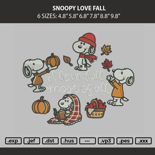 Snoopy Love Fall Embroidery Machine Design File 6 sizes