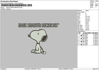 Snoopy Smarter Embroidery File 6 sizes