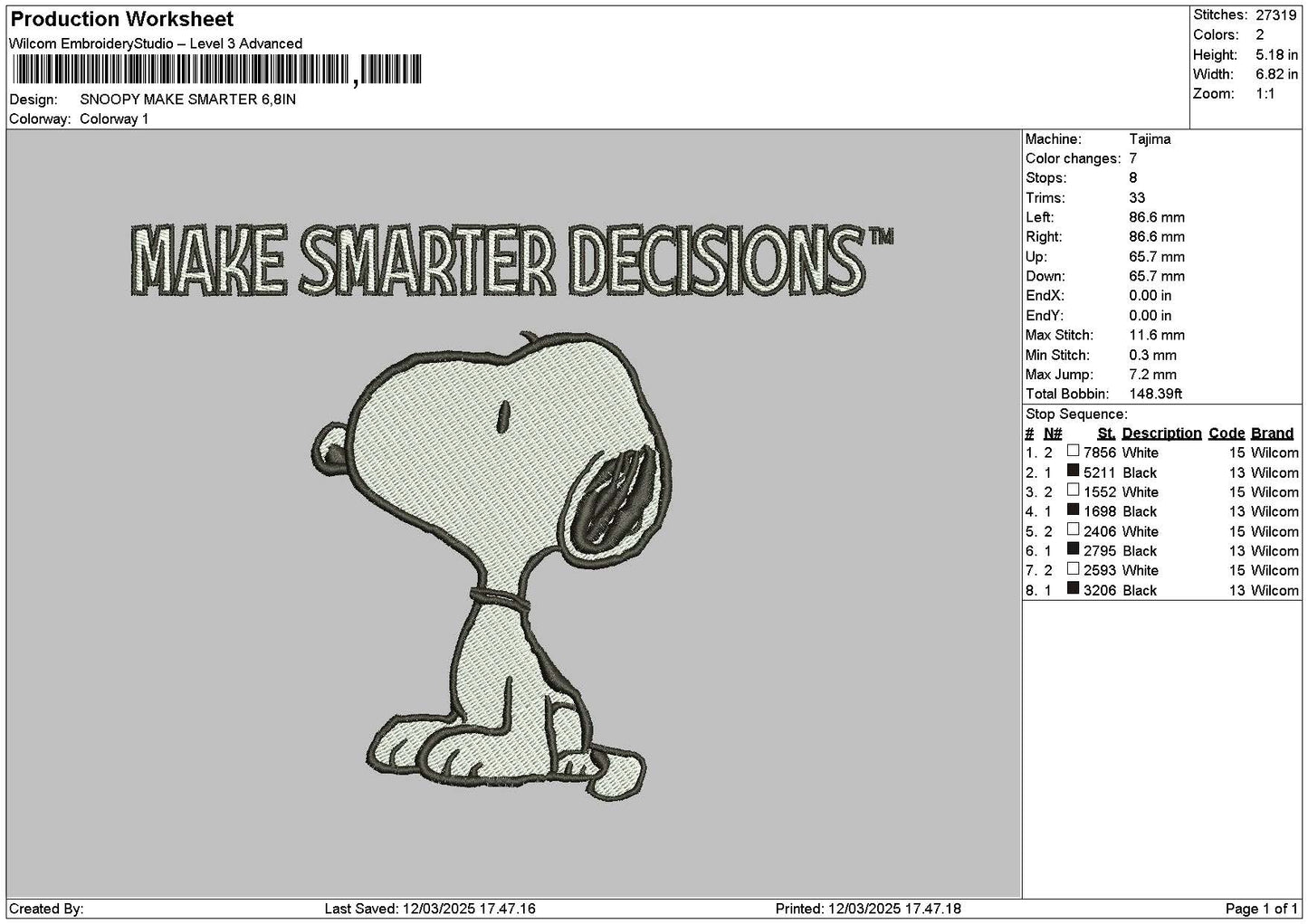 Snoopy Smarter Embroidery File 6 sizes