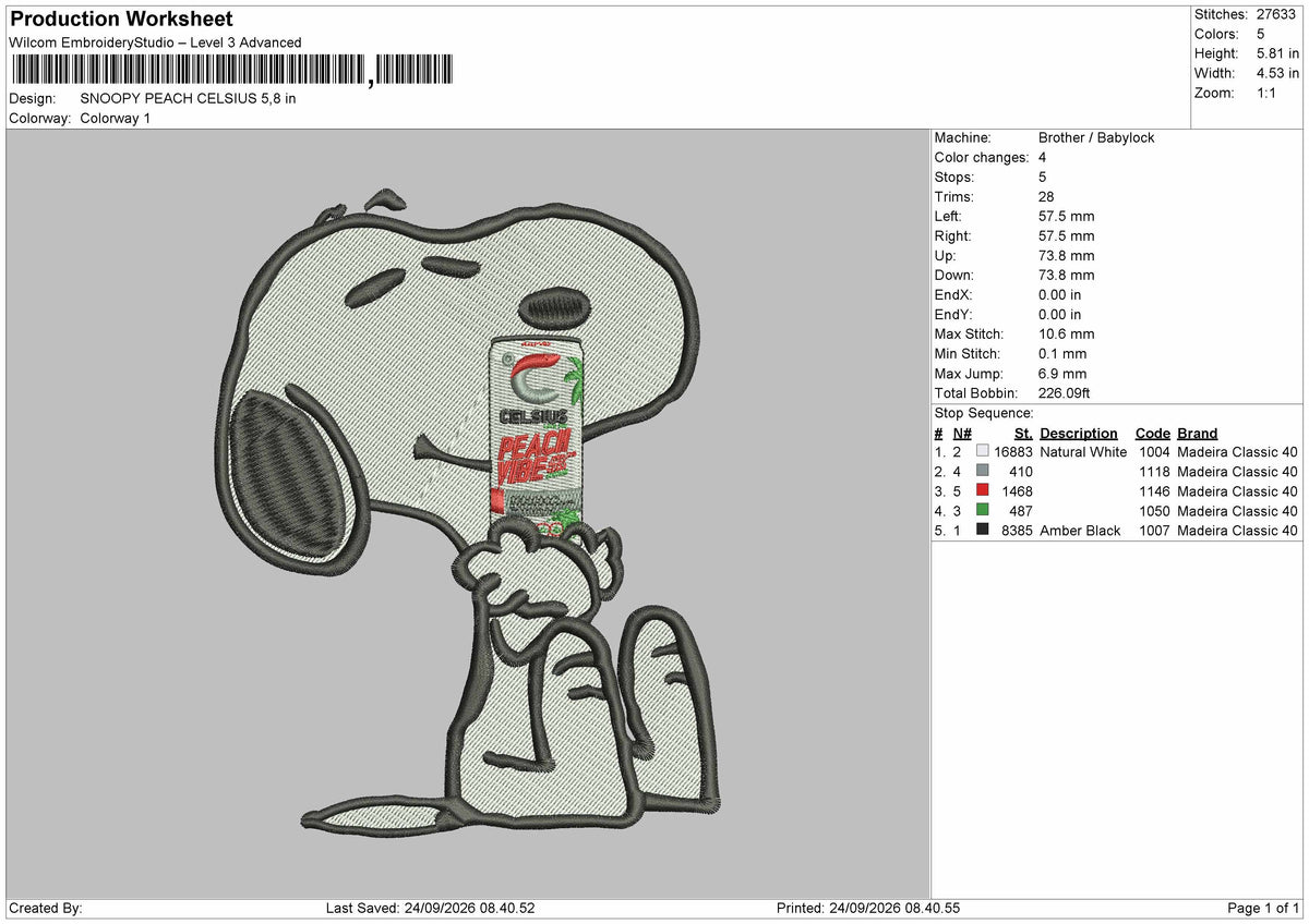 Snoopy Peach Embroidery Machine Design File 6 sizes
