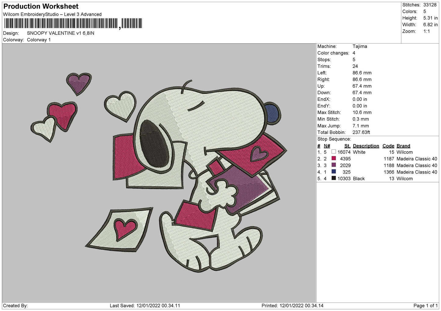 Snoopy Valentine V1 Embroidery File 4 size