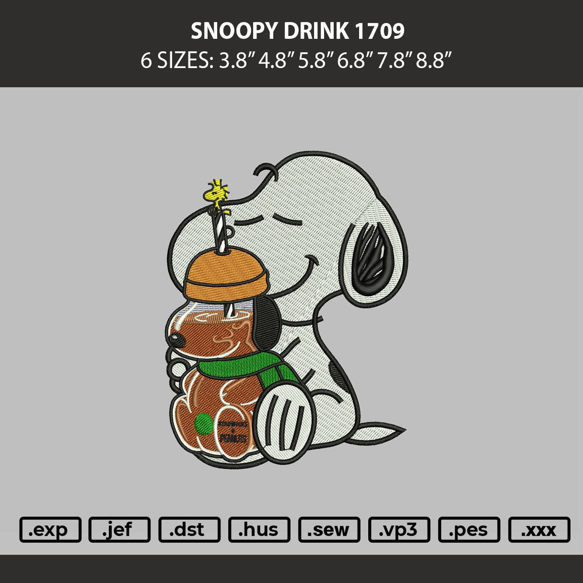 Snoopy Drink 1709 Embroidery Machine Design File 6 sizes