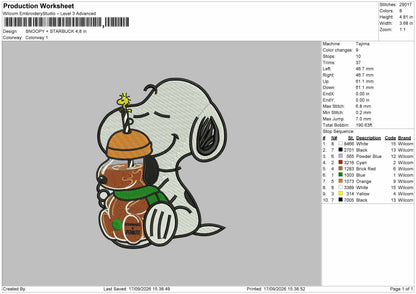 Snoopy Drink 1709 Embroidery Machine Design File 6 sizes