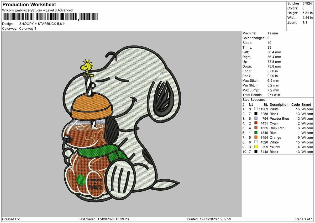 Snoopy Drink 1709 Embroidery Machine Design File 6 sizes