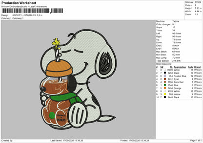 Snoopy Drink 1709 Embroidery Machine Design File 6 sizes