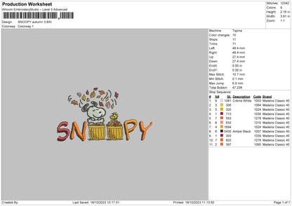 Snoopyautmn Embroidery File 6 sizes