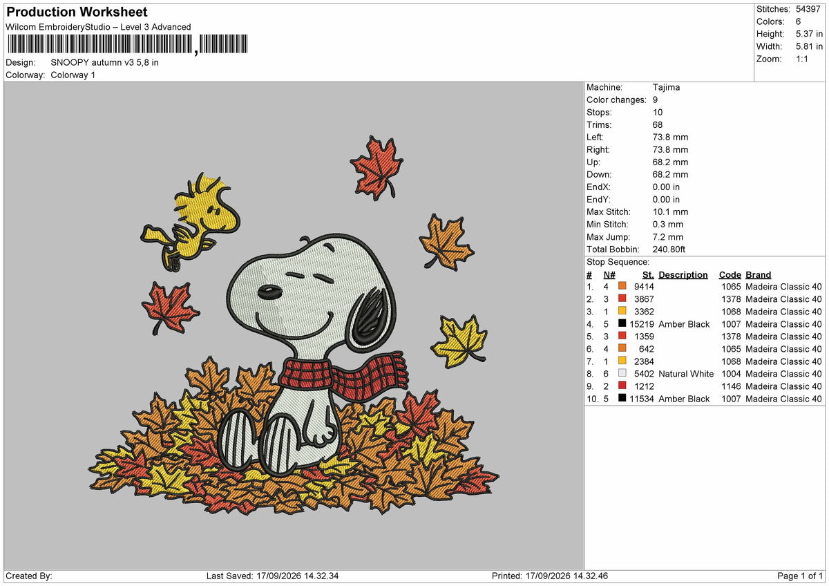 Snoopy Autumn 1709 Embroidery Machine Design File 6 sizes