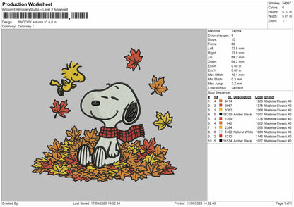 Snoopy Autumn 1709 Embroidery Machine Design File 6 sizes