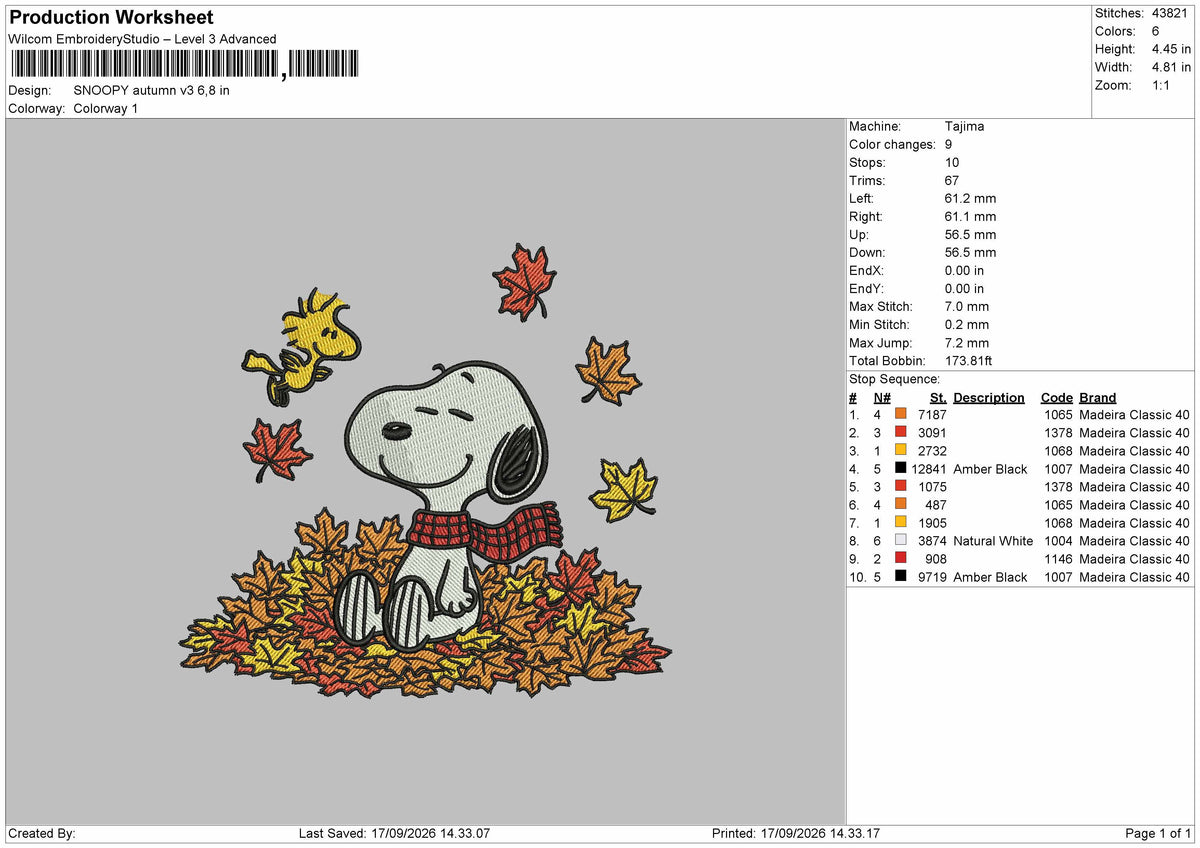 Snoopy Autumn 1709 Embroidery Machine Design File 6 sizes