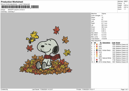Snoopy Autumn 1709 Embroidery Machine Design File 6 sizes