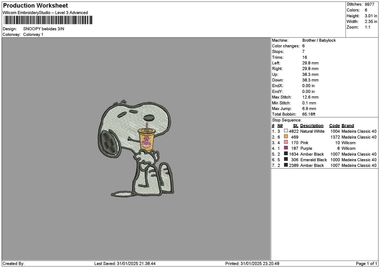 Snoopy Drink Embroidery File 6 sizes