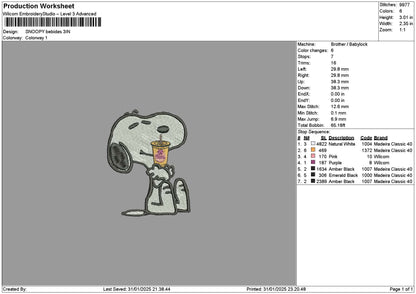 Snoopy Drink Embroidery File 6 sizes