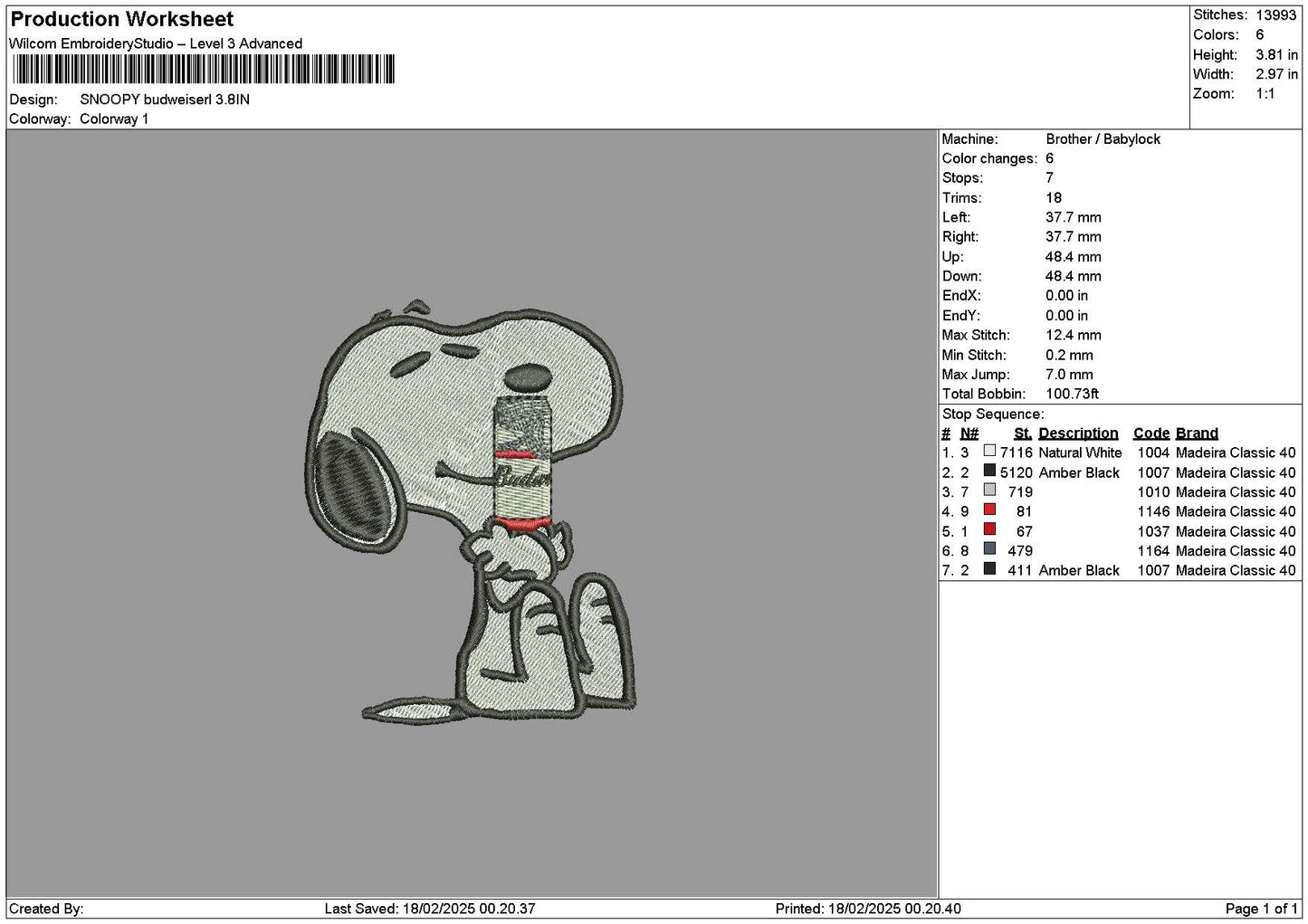Snoopy Budweiserl Embroidery File 6 sizes