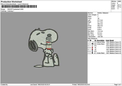 Snoopy Budweiserl Embroidery File 6 sizes