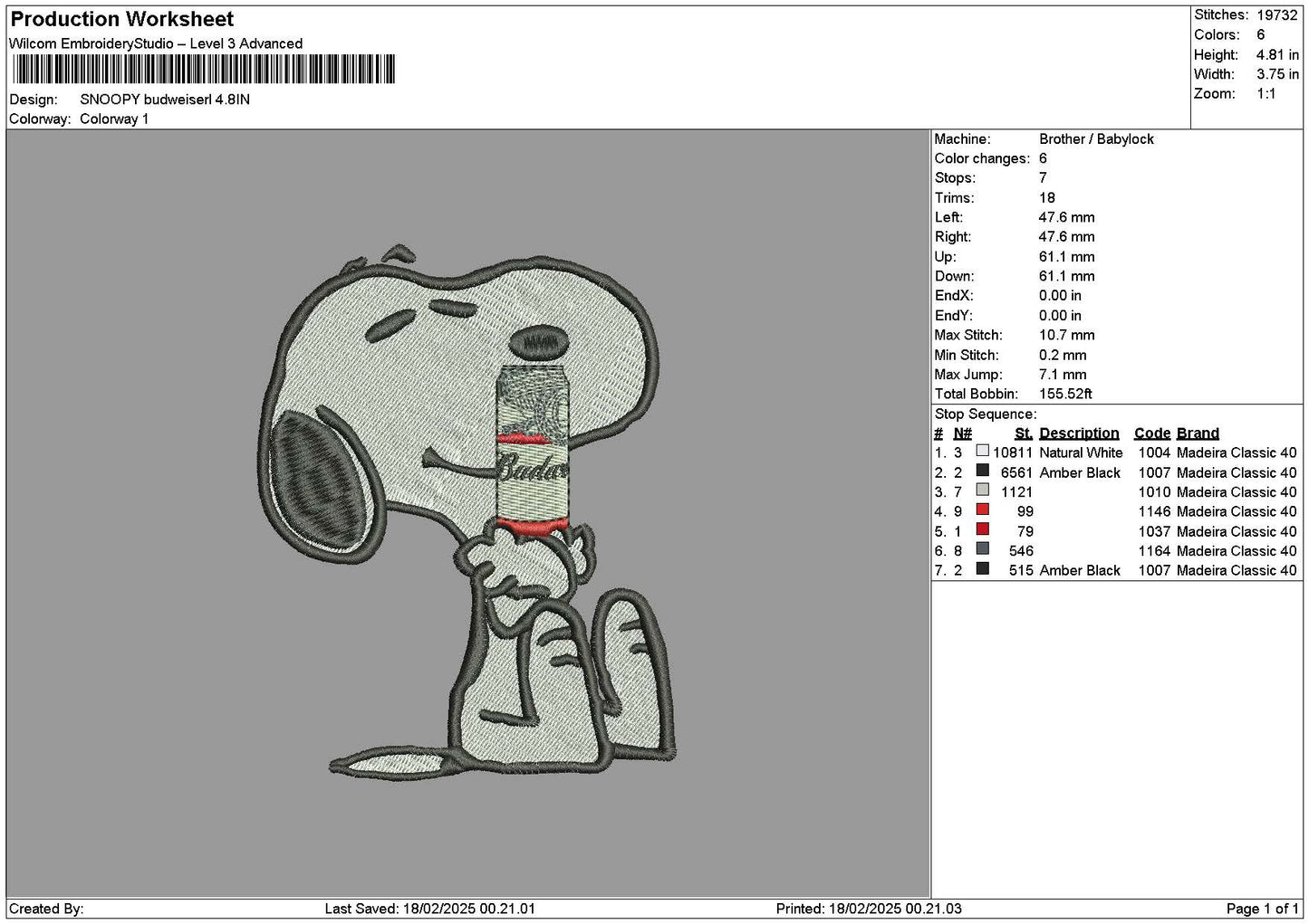 Snoopy Budweiserl Embroidery File 6 sizes