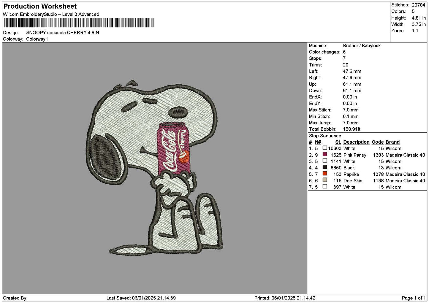Snoopy Cola Cherry Embroidery File 6 sizes