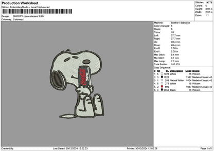 Snoopy Cola Zero Embroidery File 6 sizes