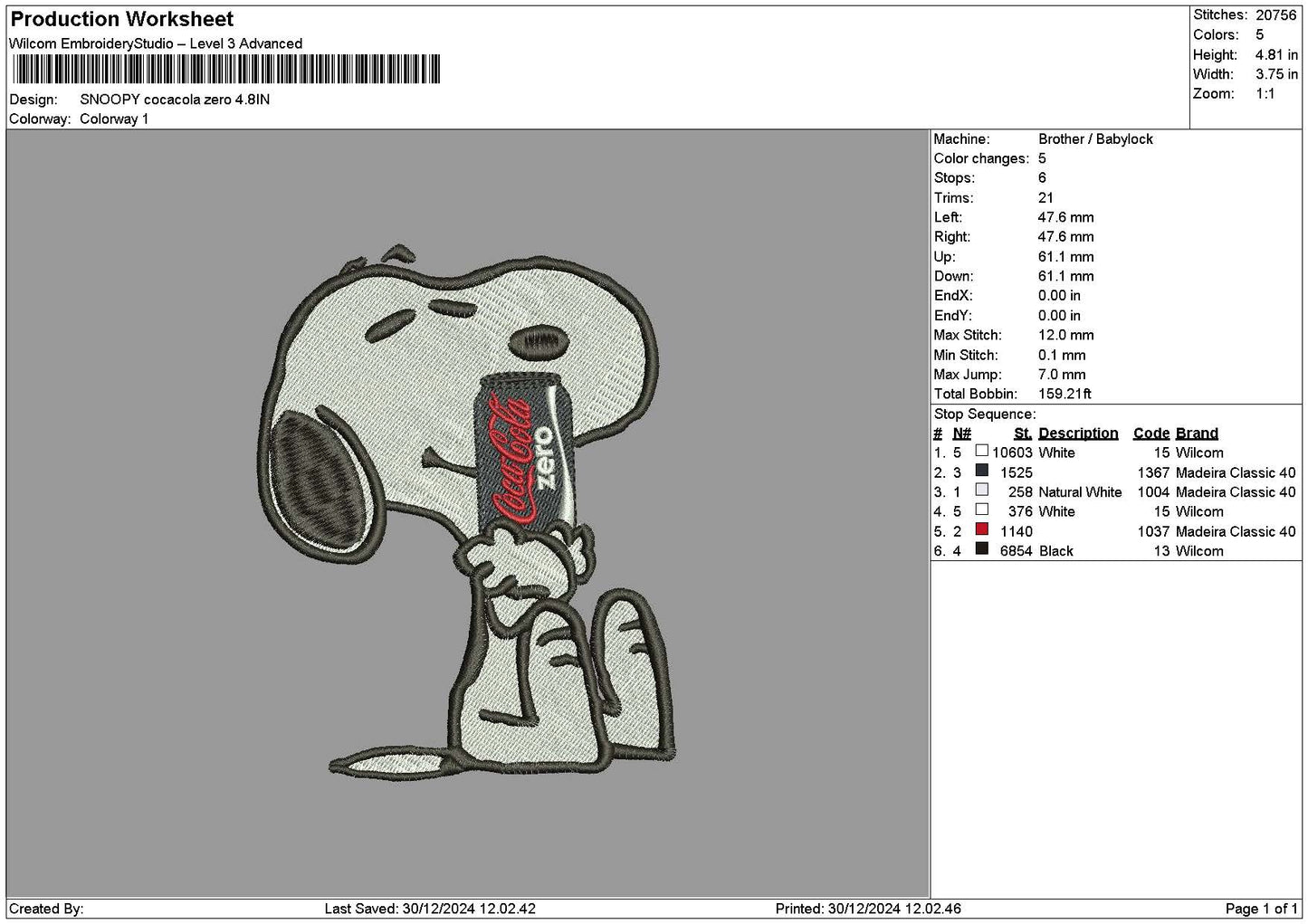 Snoopy Cola Zero Embroidery File 6 sizes