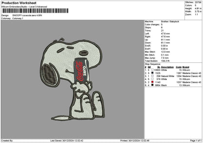 Snoopy Cola Zero Embroidery File 6 sizes