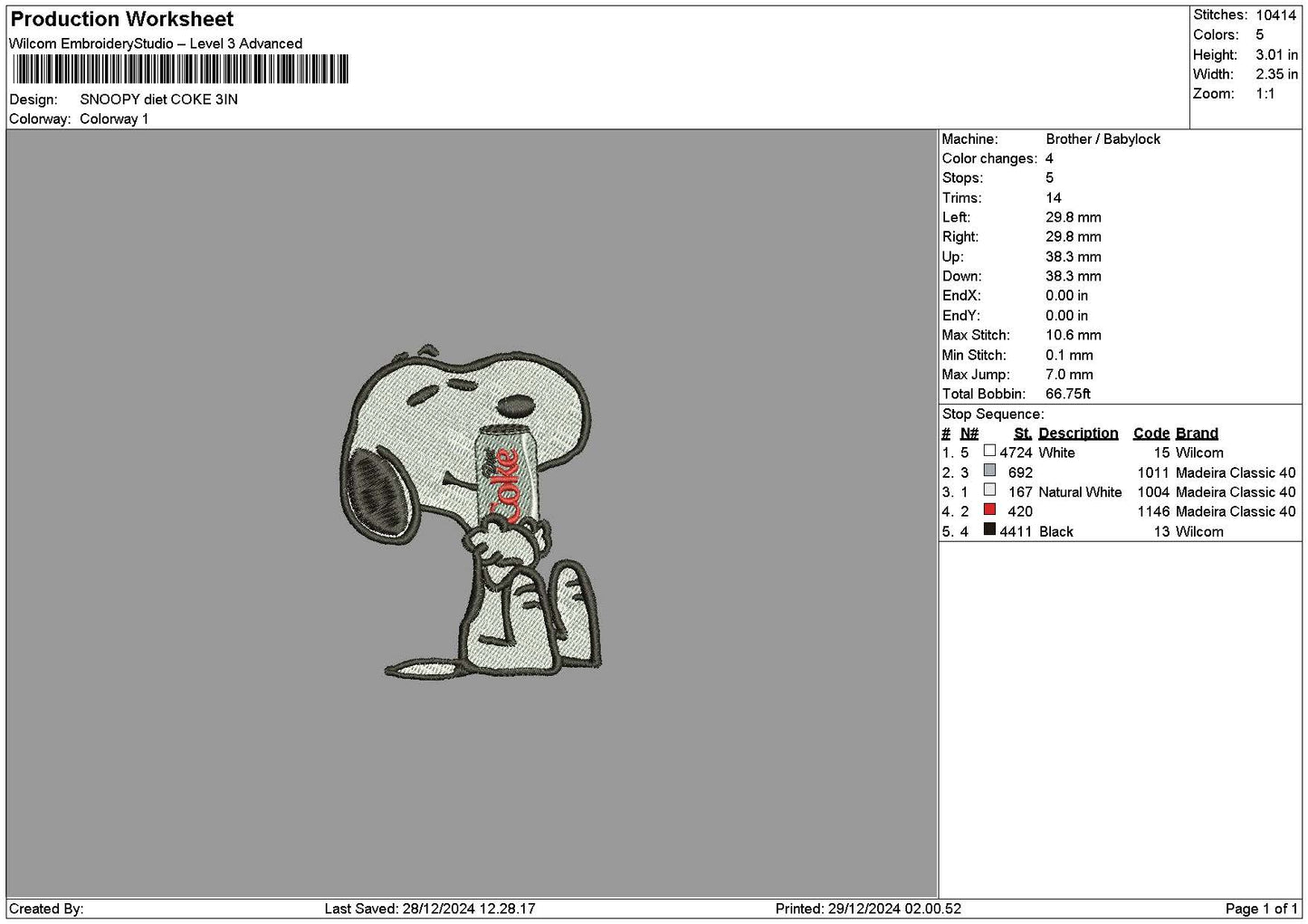 Snoopy Coke 03 Embroidery File 6 sizes