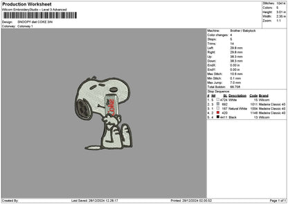 Snoopy Coke 03 Embroidery File 6 sizes