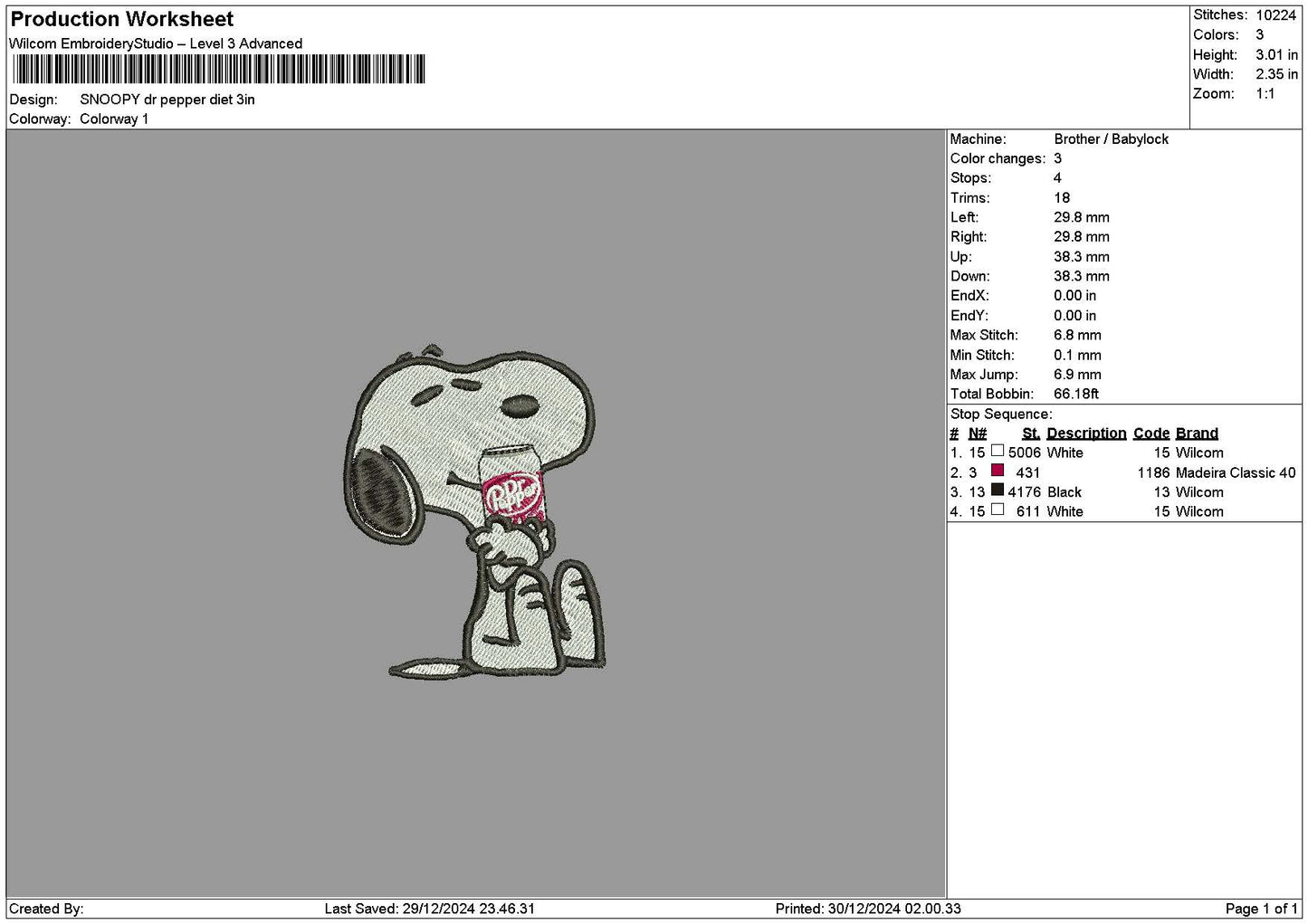 Snoopy Drpapper 03 Embroidery File 6 sizes