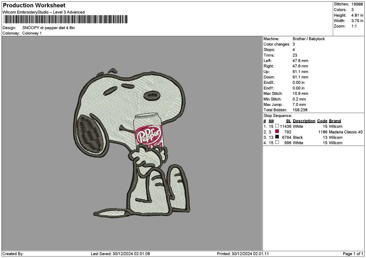 Snoopy Drpapper 03 Embroidery File 6 sizes