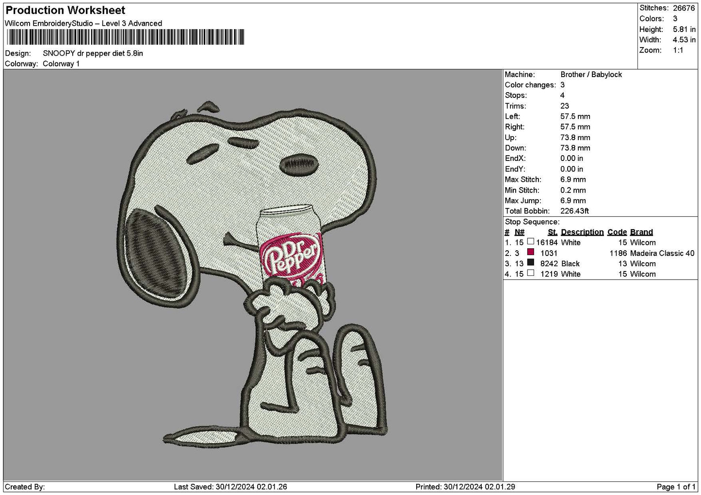 Snoopy Drpapper 03 Embroidery File 6 sizes