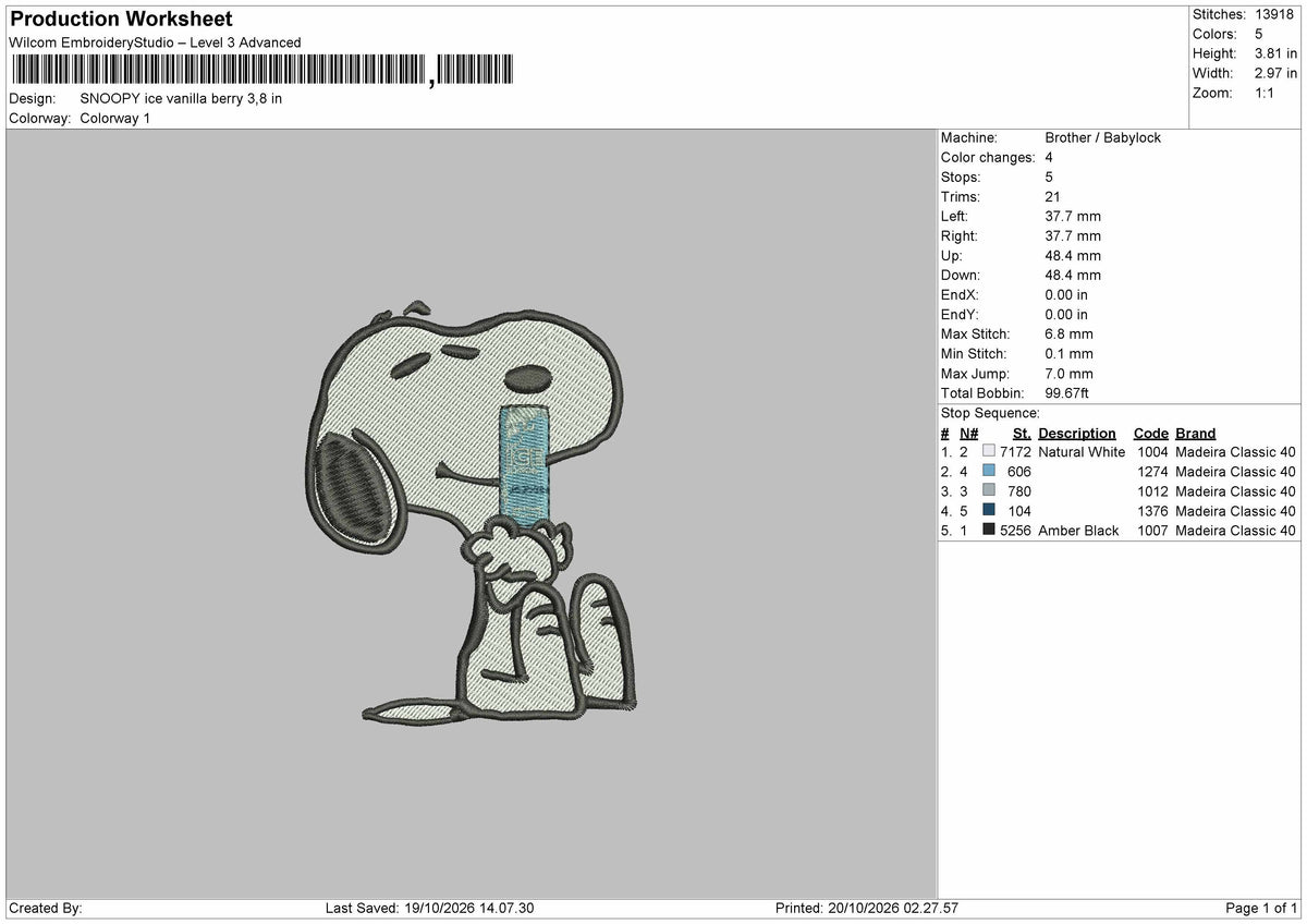 Snoopy Vanilla Embroidery Machine Design File 6 sizes