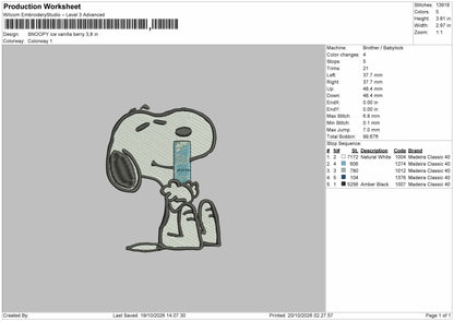 Snoopy Vanilla Embroidery Machine Design File 6 sizes