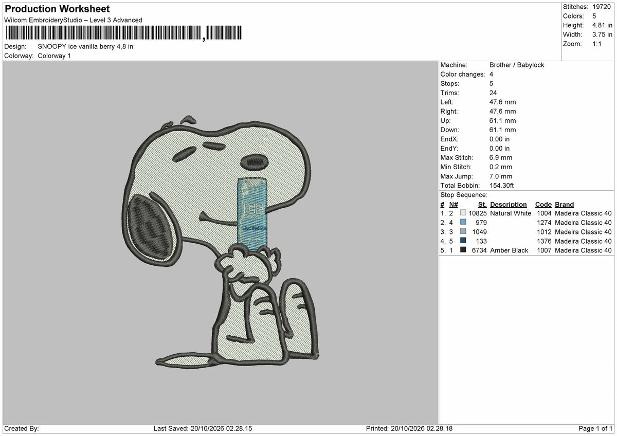 Snoopy Vanilla Embroidery Machine Design File 6 sizes