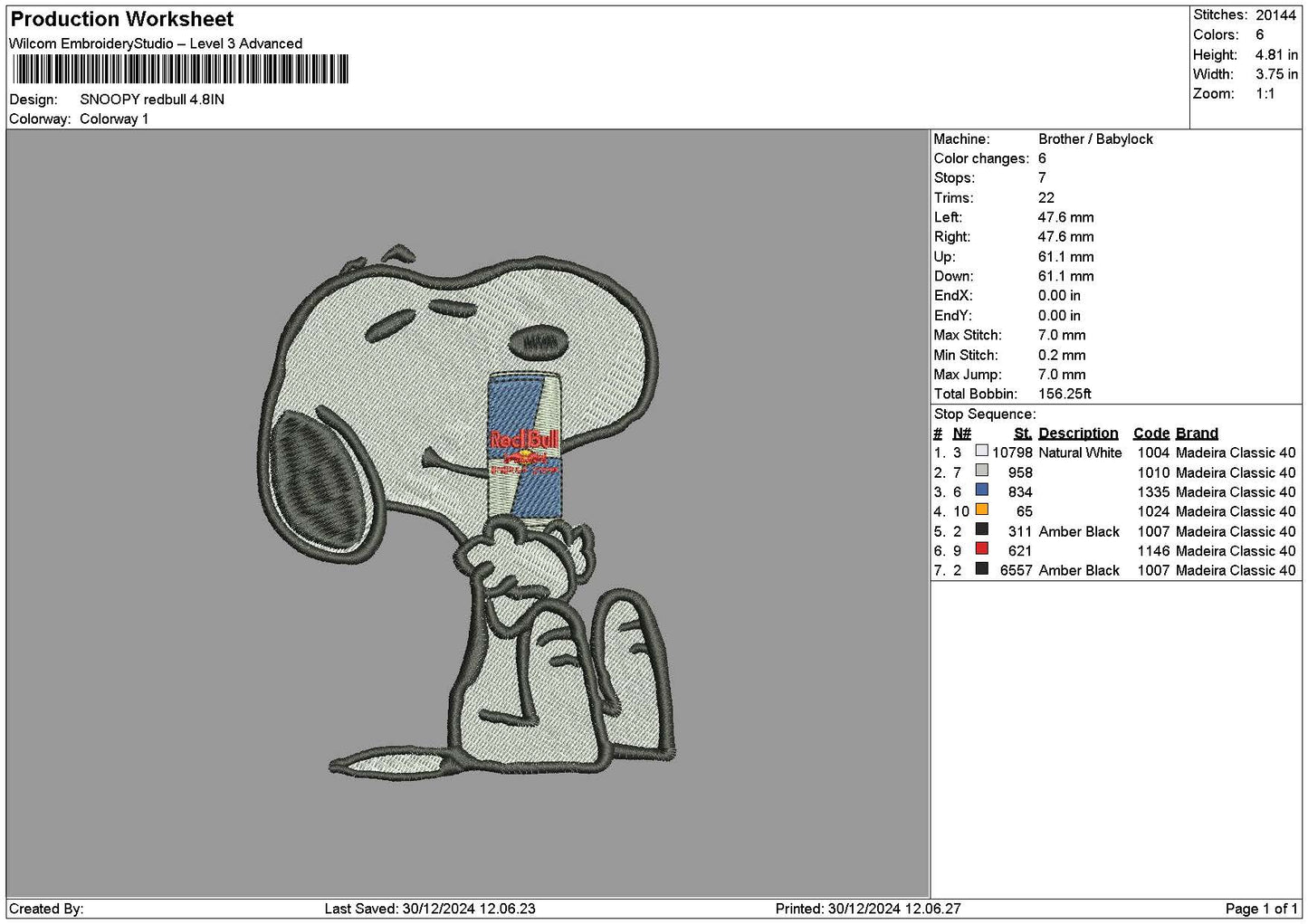 Snoopy Redbull 03 Embroidery File 6 sizes