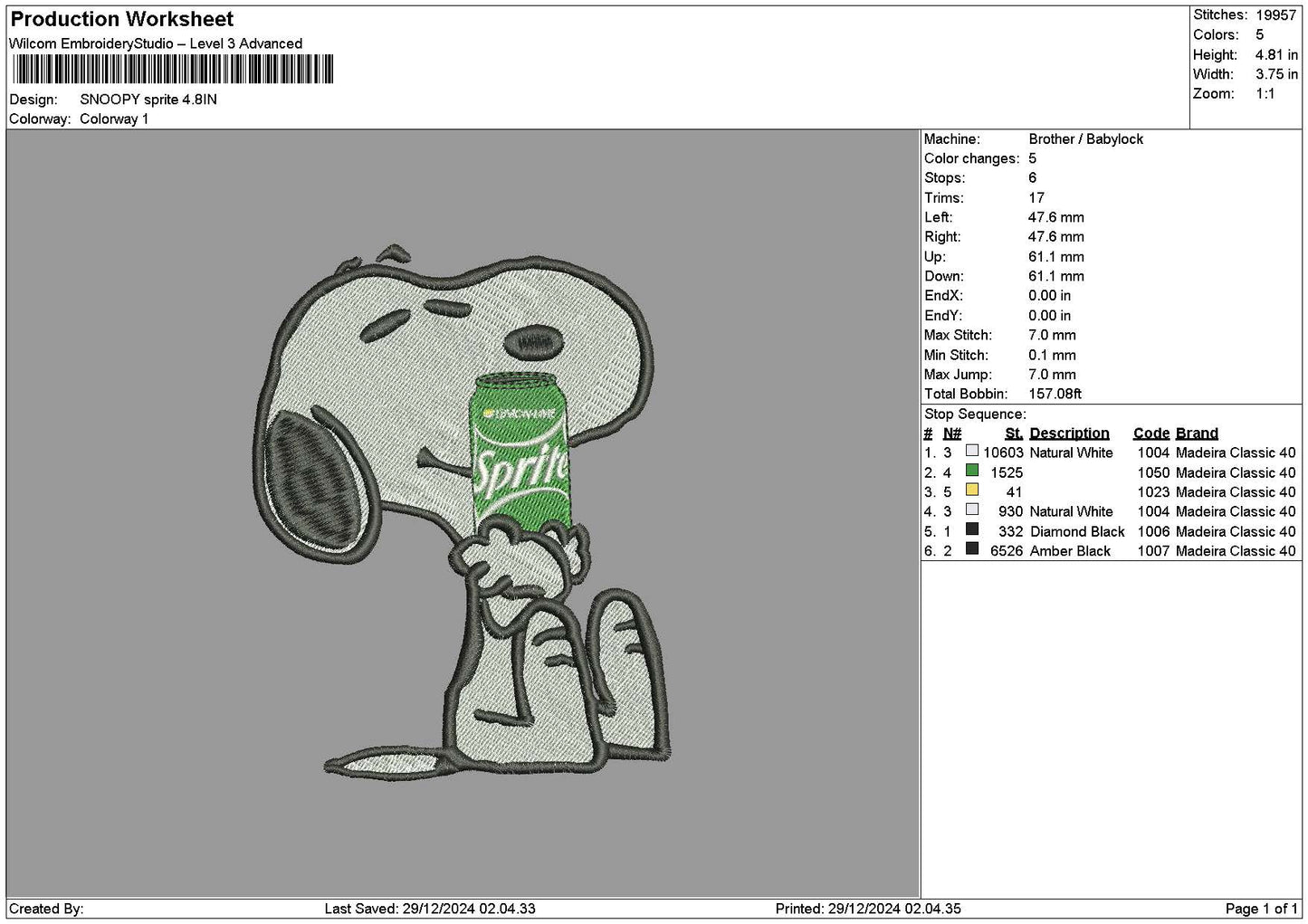 Snoopy Sprite Embroidery File 6 sizes