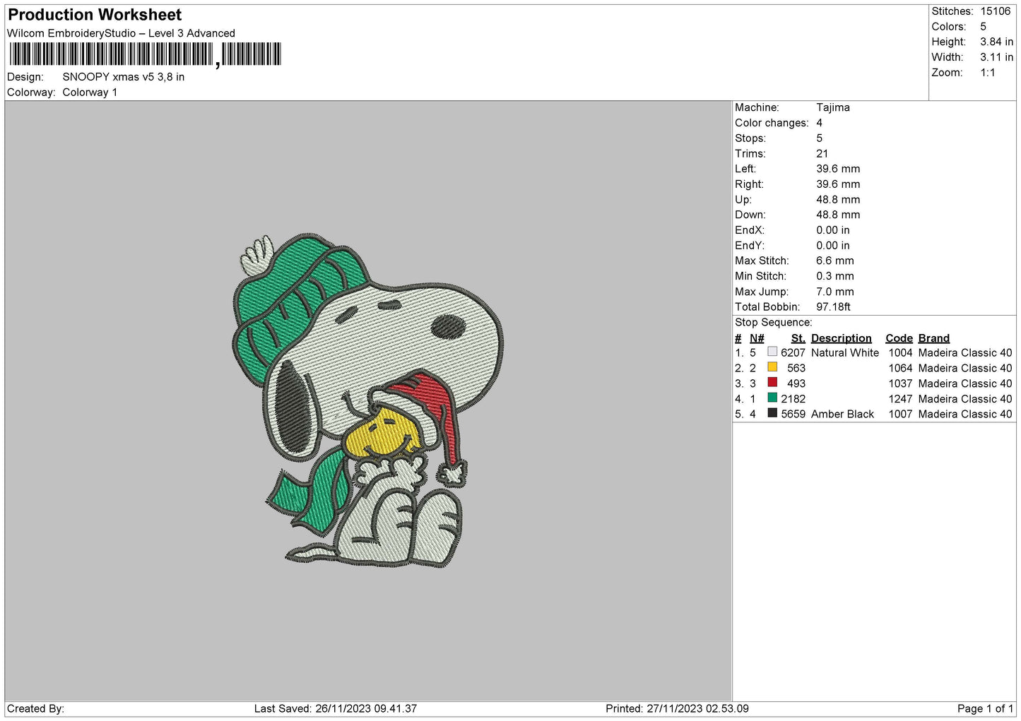 Snoopy Xmas V5 Embroidery File 6 sizes
