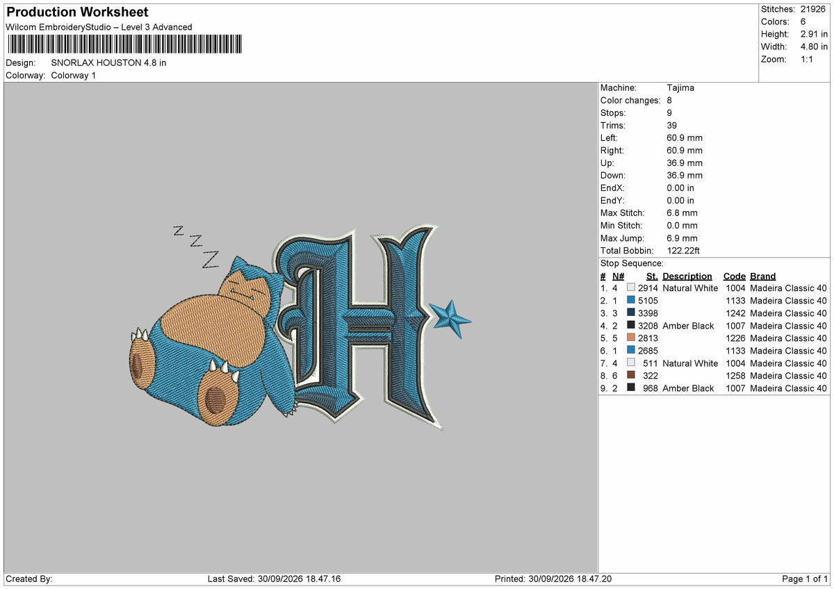 Snorlax H 3009 Embroidery Machine Design File 6 sizes