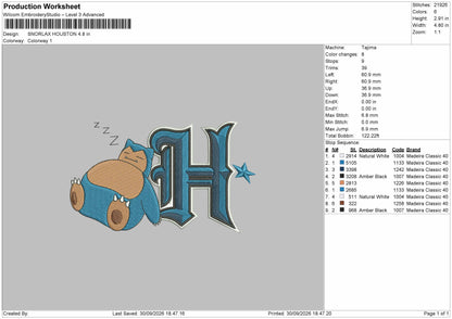Snorlax H 3009 Embroidery Machine Design File 6 sizes