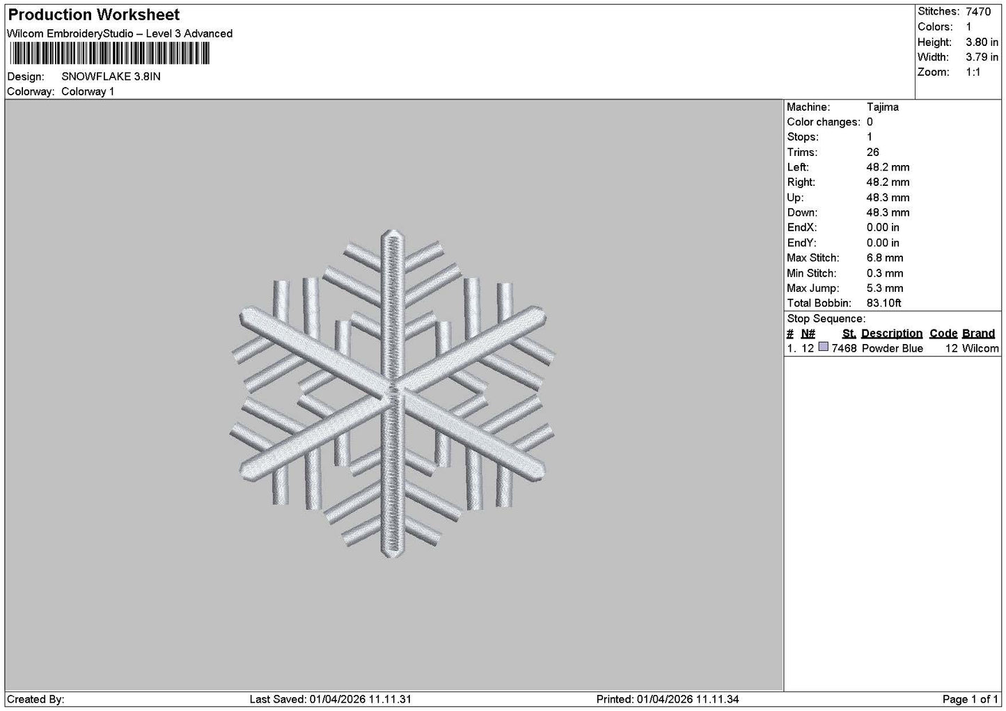 Snowflake 0104 Embroidery File 6 sizes