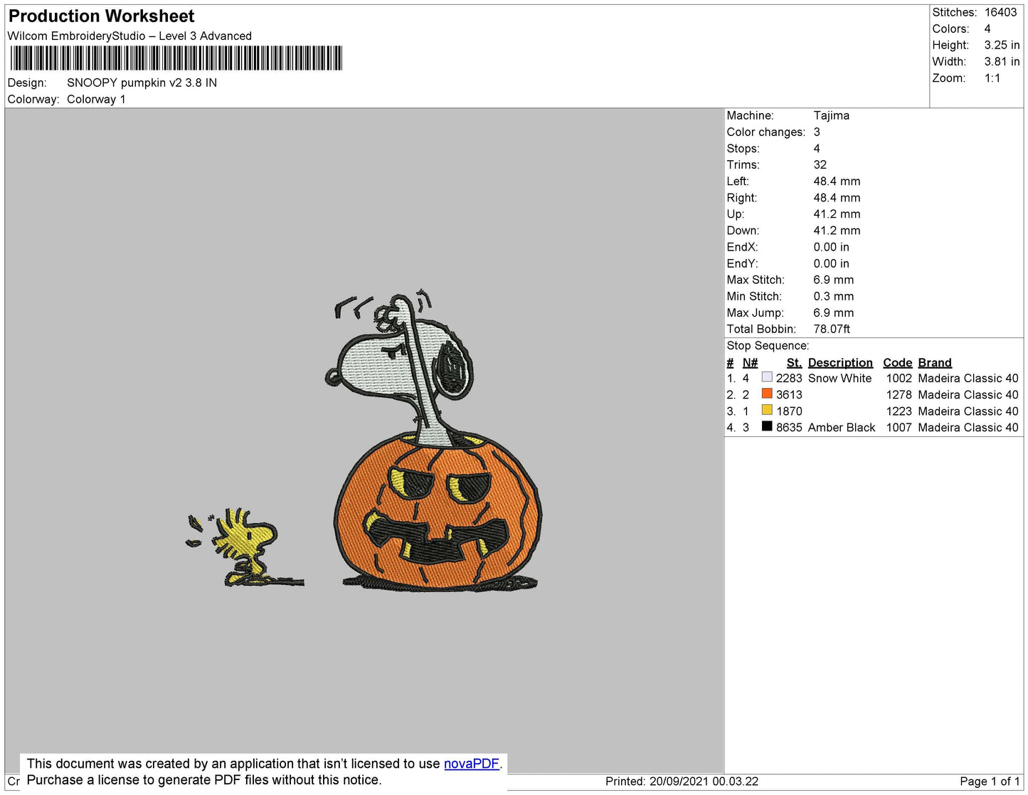 Snoopy Pumpkin V2 Embroidery File 4 size