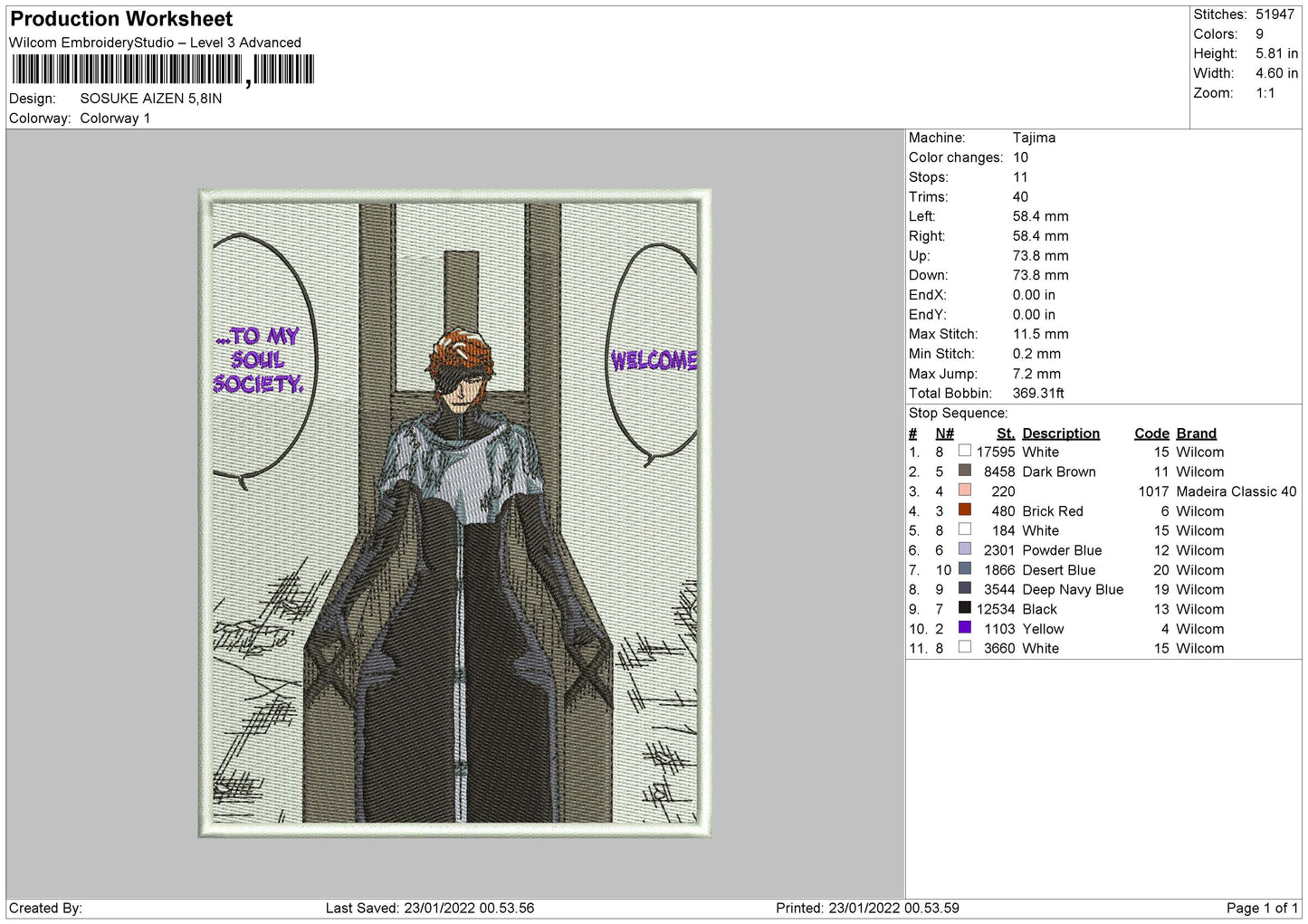 Sosuke Aizen Embroidery File 4 size